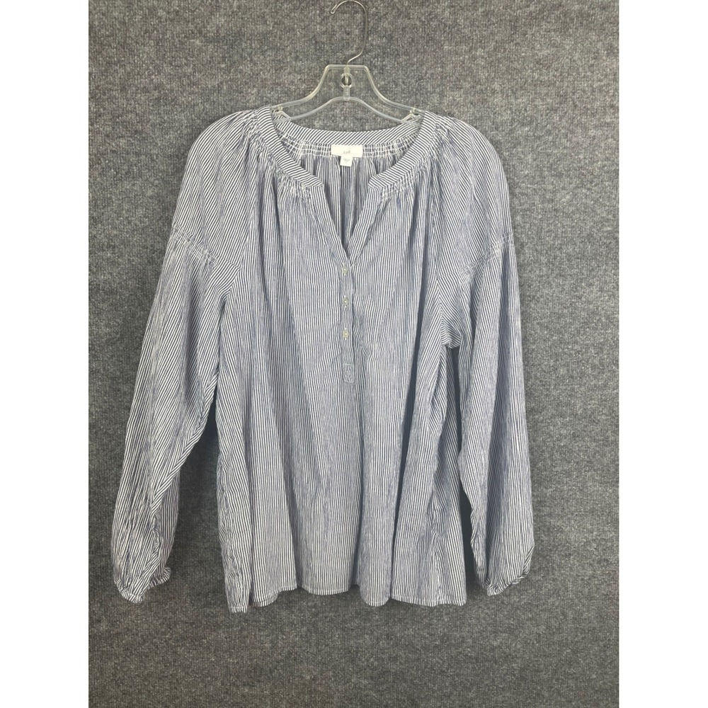 J. Jill Blouse Women Large Blue White Excellent Striped Smocked Henley Top